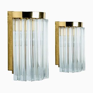 Clear Glass and Brass Wall Lights, 1970s, Set of 2