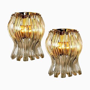 Apliques de cristal de Murano y latón dorado al estilo de Venini, Italia, años 70. Juego de 2