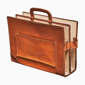 Vintage Magazine Stand in Patinated Cognac Leather and Canvas, 1960s
