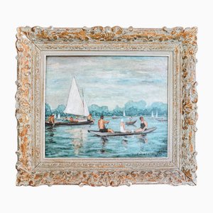 V. Giersbergen, Figures in a Rowboat with Sailboats on a Lake, Oil Painting