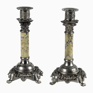 Italian Alloy and Marble Candlesticks, 1950s, Set of 2