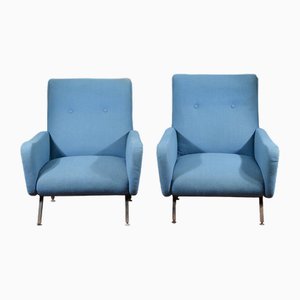 Blaue Armlehnstühle mit Metallgestell, 1960er, 2er Set