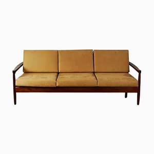 Scandinavian Modern Teak and Cognac Fabric 3-Seater Sofa, 1960s