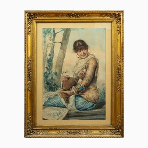 Mujer con mandolina, siglo XIX, Acuarela