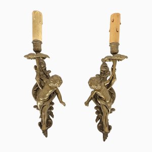 Bronze Wandleuchten verziert mit Putten, 2 . Set