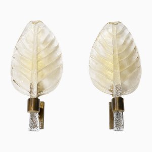 Vintage Italian Leaf-Shaped Murano Glass and Brass Wall Lights from Barovier & Toso, 1980, Set of 2
