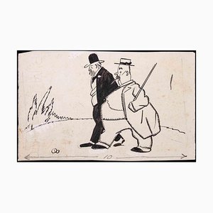 Carlo Rivalta, Walking Men, China Ink Drawing, Early 20th Century