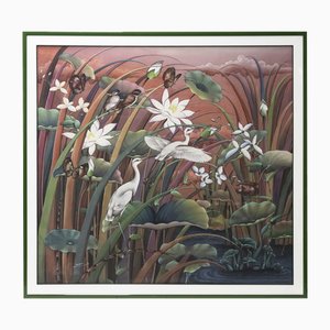 J. Wikarma, Flores balinesas, 1990, Pintura al óleo grande, Enmarcado