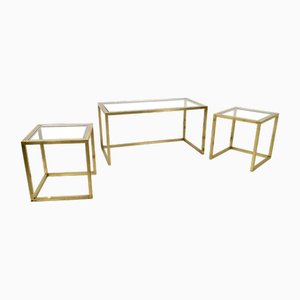 Vintage Italian Geometric Nesting Tables in Steel and Glass, 1970s, Set of 3