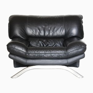 Postmodern Lounge Chair in Black Leather and Steel attributed to Nicoletti Salotti for Avanti, Italy, 1980s