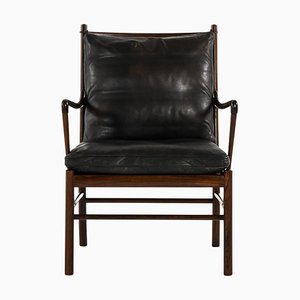 Fauteuil en Palissandre, Cannage Tissé et Cuir d'Origine attribué à Ole Wanscher, 1960s