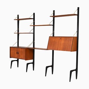 Wall Unit in Teak and Brass attributed to Wébé, Netherlands, 1950s, Set of 11