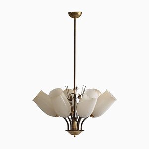 Lampadario in ottone e vetro di Paavo Tynell per Idman Oy, Finlandia, anni '40