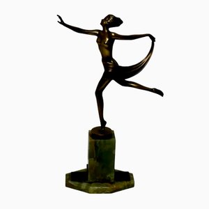 Sculpture Art Déco en Bronze dansant Gracieuse Dame sur Socle en Onyx par Josef Lorenz, 1925
