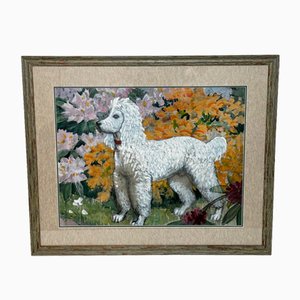 Charles Frederick Tunnicliffe, White Poodle Dog with Rhododendron Flowers, Watercolour, Framed