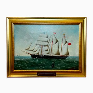 Henri Versailles, Retrato del barquentino Charles James frente a Dunkerque, 1885, óleo sobre lienzo, enmarcado