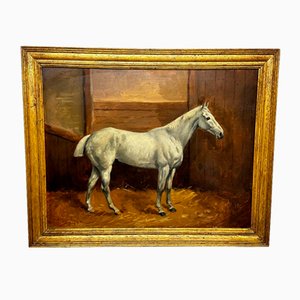 Godfrey Douglas Giles, Victorian Grey Horse in Stable, 1897, Oil Painting