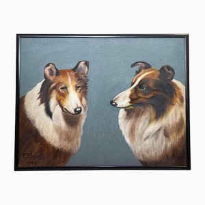 Seguace di Benedict Angell Hyland, Scottish Highland Brown & White Rough Collie Dogs, dipinto ad olio