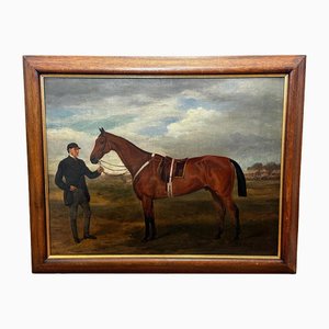 Cavallo vittoriano Bay Hunter con sposo alla fiera francese, XIX secolo, dipinto ad olio