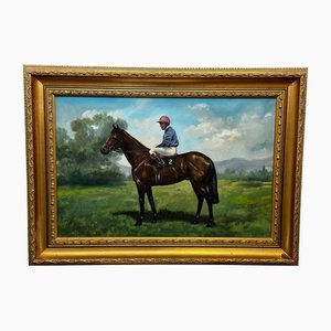 Jockey Joe Mercer sul brigadiere di cavalli da corsa n. 2 Gerard, dipinto ad olio