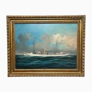 Barco de vela de vapor HMS Alacrity, mediados del siglo XX, pintura al óleo, enmarcado