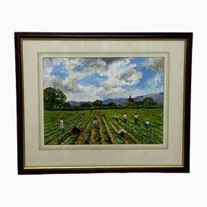 Busy Picking Red Strawberries in South Downs, Burgess Hill, 1980s, Oil Painting, Framed
