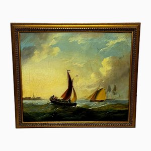 French Artist, Nautical Seascape with Fishing Boat Heading Out Brisk Winds, Oil Painting