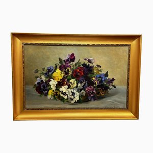 Emma Løffler, Natura morta di viole del pensiero, Inizio XX secolo, Dipinto ad olio, Incorniciato