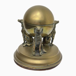Antique Brass Inkwell with Irish Setter Dog Hounds and Globe