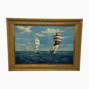 British Artist, Seascape Admirals Cup Yacht Cross Channel Race, 1969, Large Oil Painting, Framed