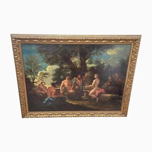 Figure classiche con recital musicale e satiri, XVIII secolo, Dipinto ad olio, Incorniciato