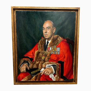 Bernard Hailstone, British Portrait of Mayor of Maidstone, Kent with Red Coat Robes Wearing Medals, 1957, Oil Painting