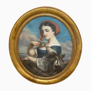 Young Woman Feeding Goat Flowers, Mid-19th Century, Pastel, Framed