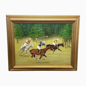 Artista britannico, partita di polo di cavalli e cavalieri, metà del XX secolo, dipinto ad olio