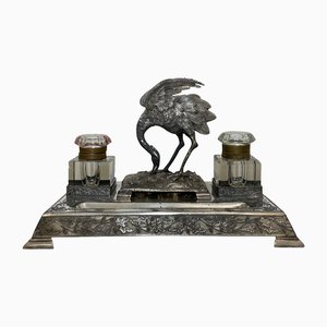 Late 19th Century English Victorian Silver-Plated Crane Inkwell