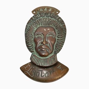Small Tudor Queen of England Elizabeth 1st Ruff Collar Brass Door Knocker, Early 20th Century