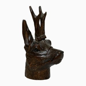 Antique Black Forest Sculptural Stag's Head Ink Pot in Carved Oak with Glass Eyes
