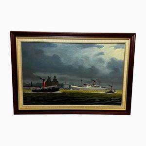Alca Passenger Cargo Ship Yeoman Line & Steam Ferry Boat Claughton in Liverpool, Oil Painting, Framed