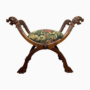 British X Frame Window Stool in Carved Walnut with Hunting Dog Heads, 19th Century