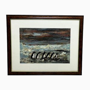 Artista británico, Waddle invernal con seis pingüinos blancos y negros en la Antártida, años 70, Pintura al óleo