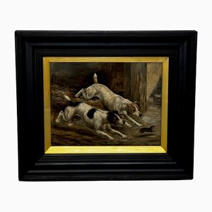 Artista britannico, Jack Russell Terrier vittoriano, cani che inseguono il topo in un fienile, fine XIX secolo, pittura a olio, con cornice