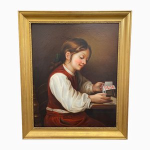 Artiste victorien britannique, fille jouant au château de cartes, peinture à l'huile