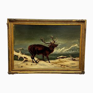 Winter Monarch of Glen Stag Deer, Highlands, Loch Fyne, 19th Century, Oil Painting