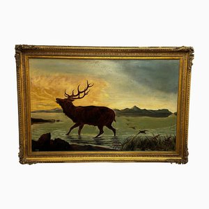 Macho de ciervo salvaje vadeando Loch Lomond, 1880, Pintura al óleo