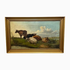 Artista británico, ganado en pradera de agua, del siglo XIX, pintura al óleo