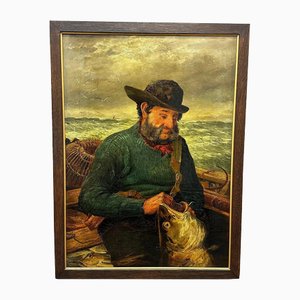 British Newlyn, Cornish Sea Fisherman Releasing Catch, XIX secolo, dipinto ad olio, con cornice