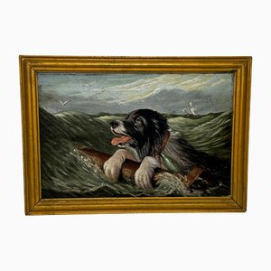Artista británico, perro San Bernardo naufragado acercándose a Nueva York, de finales del siglo XIX, pintura al óleo, enmarcado