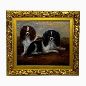 Retrato de perros King Charles Spaniel, del siglo XIX, pintura al óleo, enmarcado