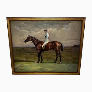 Cavallo da corsa Melton Bay Hunter con fantino Fred Archer, XIX secolo, dipinto ad olio