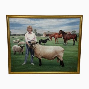 Camilla Parker Bowles con preciadas ovejas y caballos, pintura al óleo, enmarcado